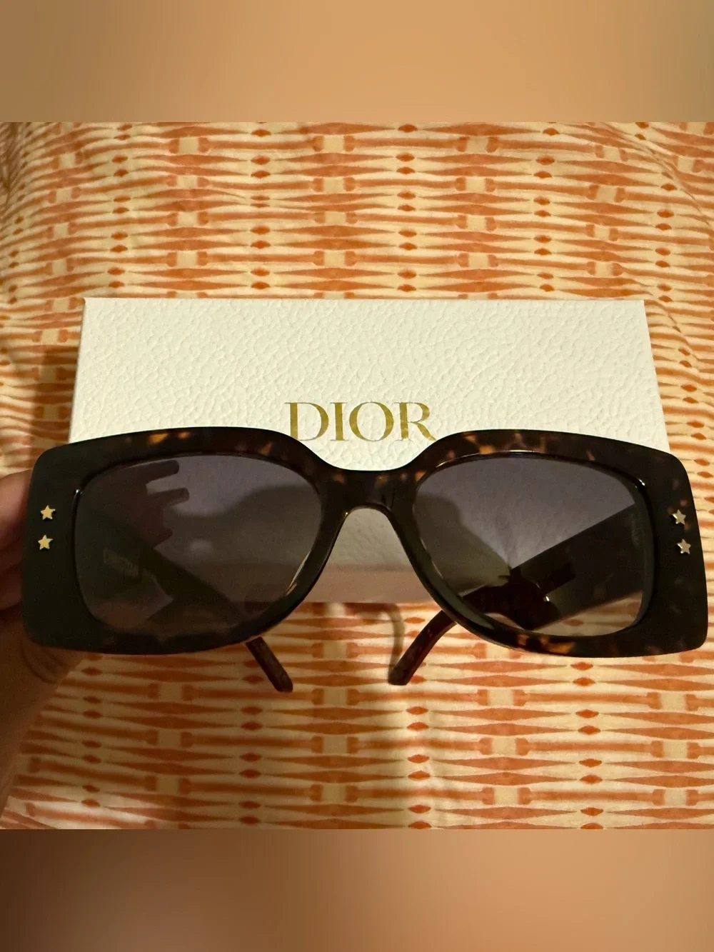 Dior Tortoiseshell & Red Rectangular Sunglasses with Gold Star Accents